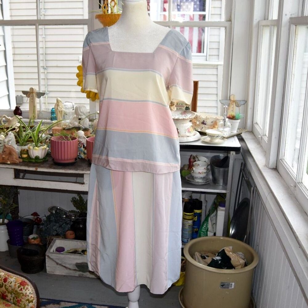 Vintage 70s Sasson New York Pastel Stripe 2 Piece Skirt Set Women's M